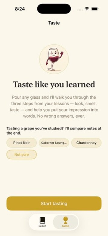 Taste screen inviting the user to taste like they learned, with grape options to compare notes